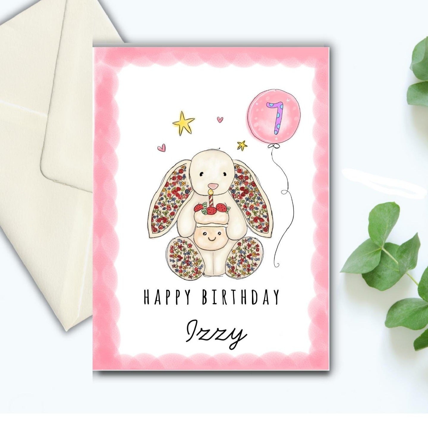 Cream floral bunny birthday card