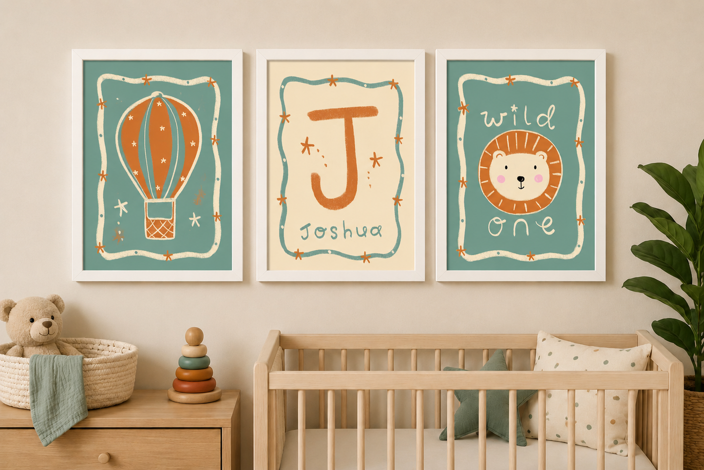 Set Of 3 Personalised Boys Bedroom Wall Prints. Lion print, Hot Air Balloon Print