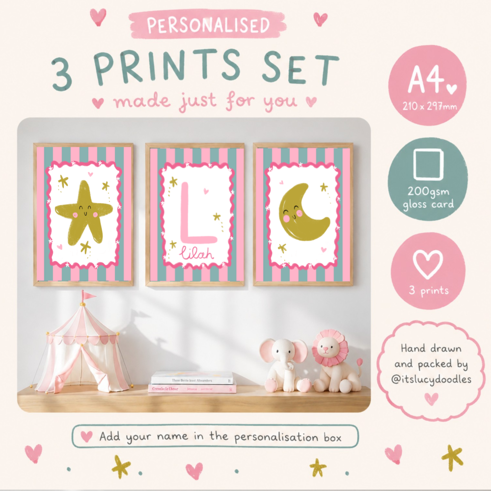 Moon and star girls bedroom wall print bundle