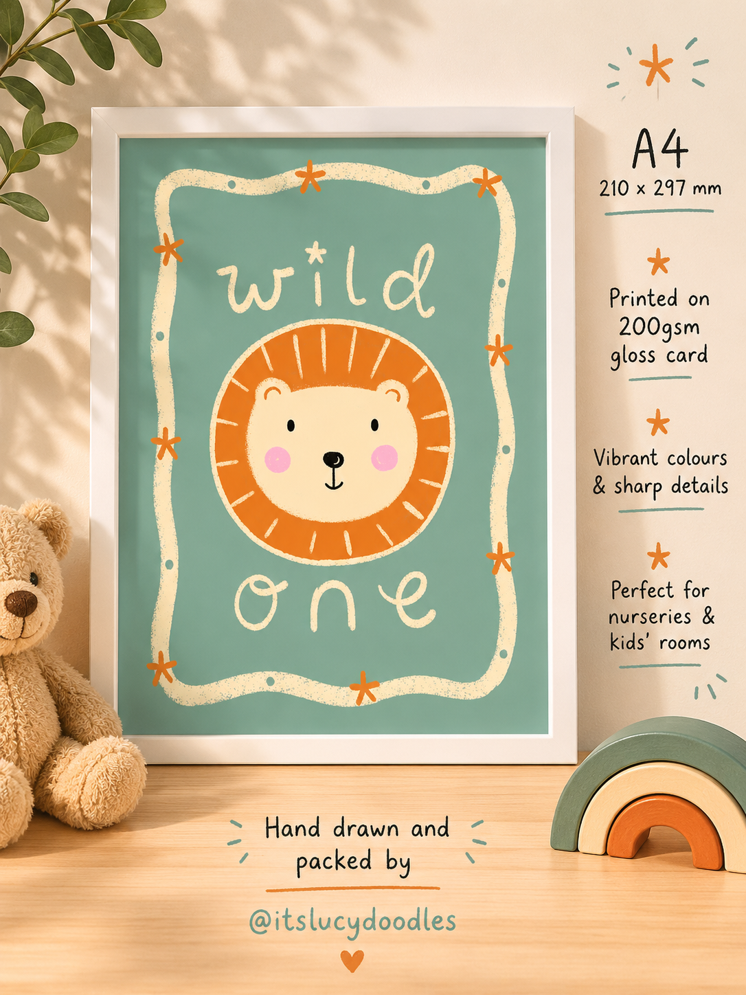 Set Of 3 Personalised Boys Bedroom Wall Prints. Lion print, Hot Air Balloon Print