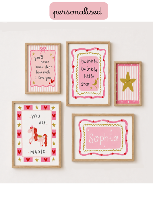 Set of 5,  Gallery, Personalised, Toddler Girl Prints, Whimsical Vintage Wall Art, Pink Nursery Decor