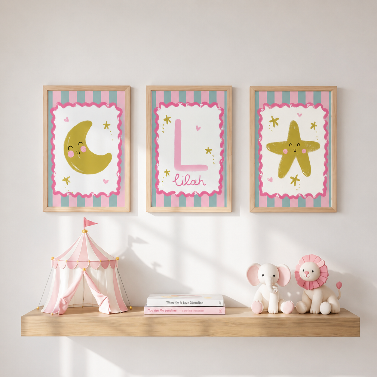 Moon and star girls bedroom wall print bundle