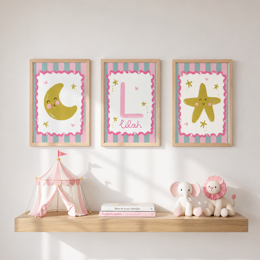 Moon and star girls bedroom wall print bundle