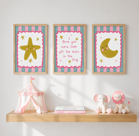 Moon and Star Girls Bedroom Wall Prints Set of 3