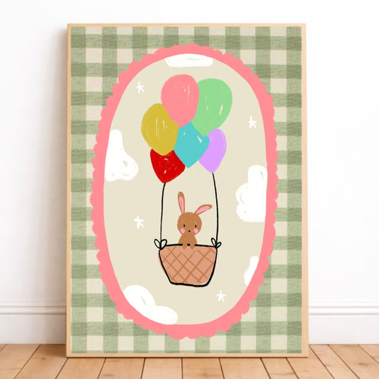 Bunny hot air balloon bedroom wall print
