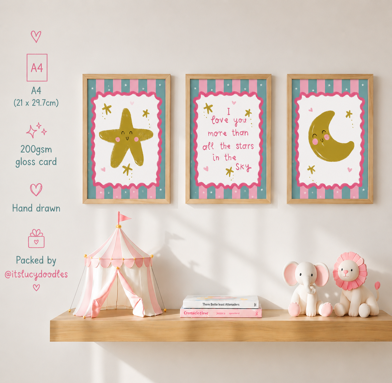 Moon and Star Girls Bedroom Wall Prints Set of 3